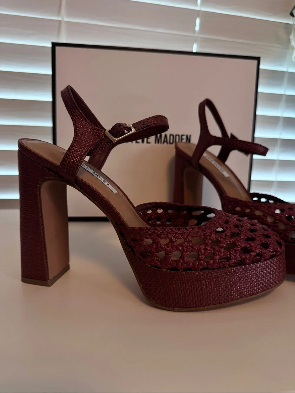 Steve Madden Lexie Raffia Woven Red Platform Block Heels